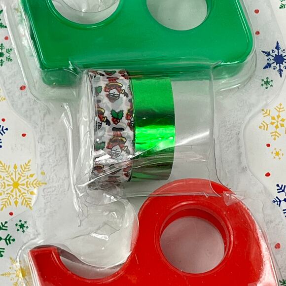 Vtg Christmas Tape Set 3 Mini Dispensers Foil & Patterned Rolls 1990s Taiwan - Picture 6 of 8